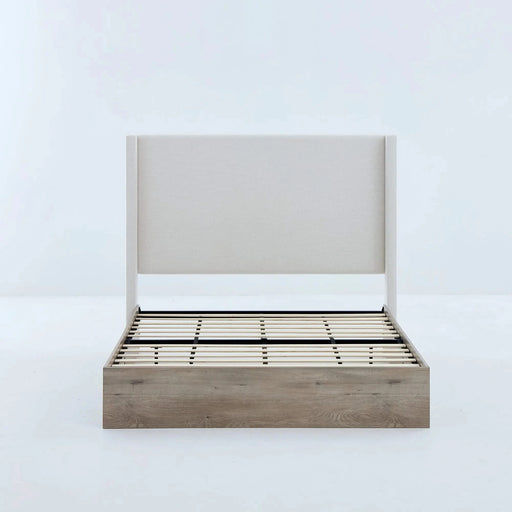 Shelton Upholstered Wingback Bed with 54' High Headboard in Textured Ivory Canvas Chenille, Wood Base, Queen Default -DTYStore