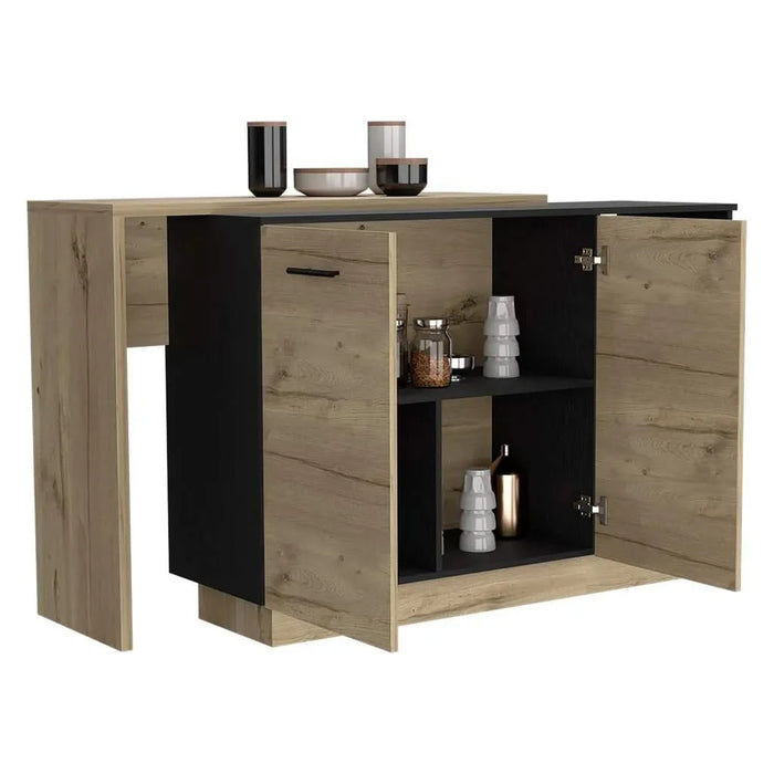 Sicilia Kitchen Island, Two External Shelves, Double Door Cabinets, Three Shelves -Black / Light Oak Default -DTYStore