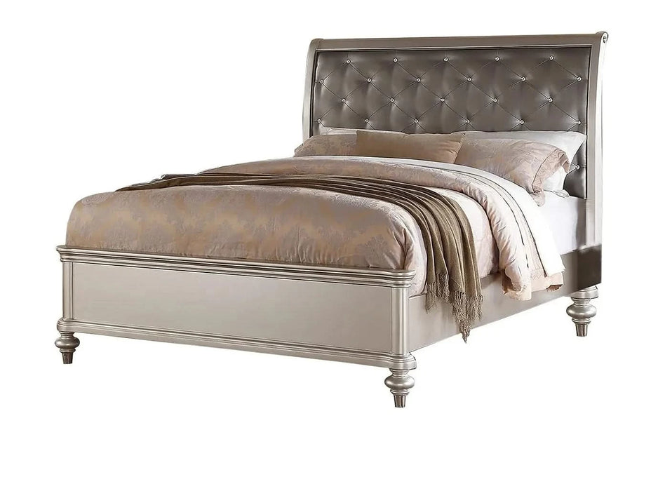 Silver Faux Leather Glamorous 3pc Bedroom Set Queen Size Bed 2x Nightstands Tufted Headboard Furniture Default -DTYStore