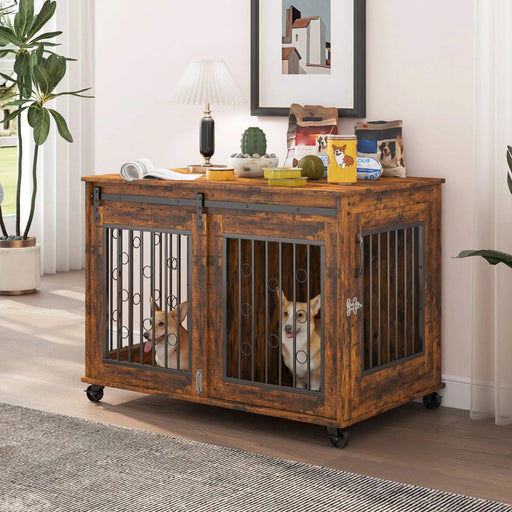 Sliding Door Dog Cage with Partition for Two Puppies, Rustic Brown, 39.37'' W x 25.20'' D x 28.94'' H Default -DTYStore