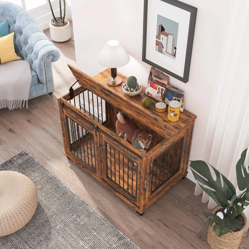 Sliding Door Dog Cage with Partition for Two Puppies, Rustic Brown, 39.37'' W x 25.20'' D x 28.94'' H Default -DTYStore