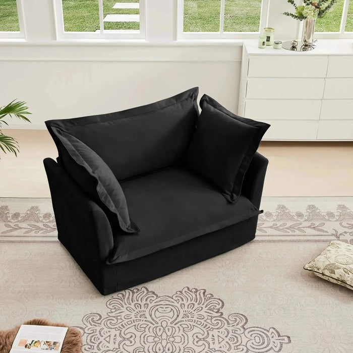 Slip-covered Armchair with 1 Big Back Cushion and 2 Big Toss Pillows, Single Deep Seat Comfy Single Couch Sofa Multiple Large Soft Pillows, Chenille Fabric Black -DTYStore