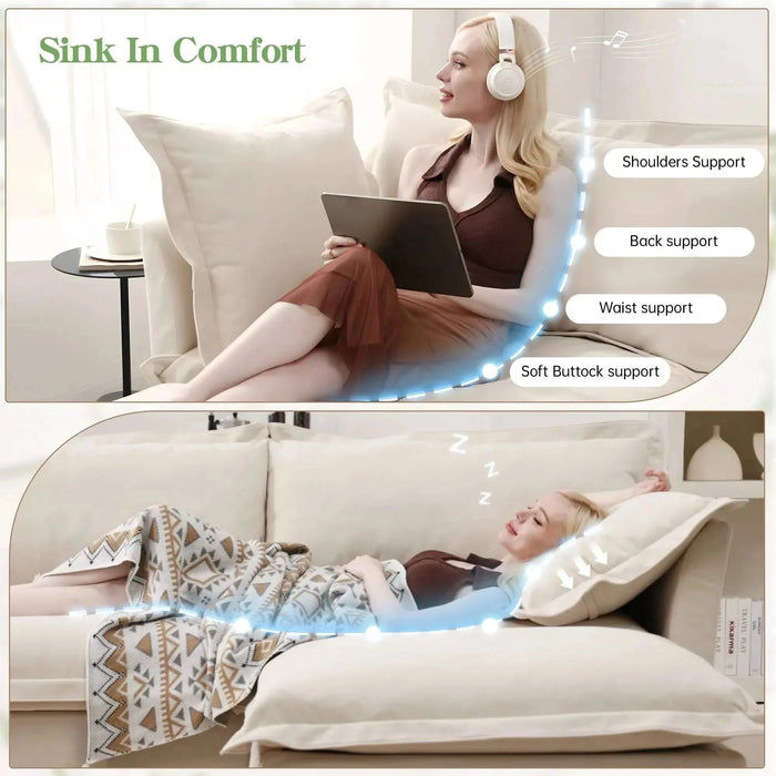 Slip-covered Armchair with 1 Big Back Cushion and 2 Big Toss Pillows, Single Deep Seat Comfy Single Couch Sofa Multiple Large Soft Pillows, Chenille Fabric Cream -DTYStore