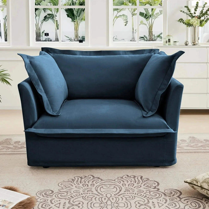 Slip-covered Armchair with 1 Big Back Cushion and 2 Big Toss Pillows, Single Deep Seat Comfy Single Couch Sofa Multiple Large Soft Pillows, Chenille Fabric Blue -DTYStore