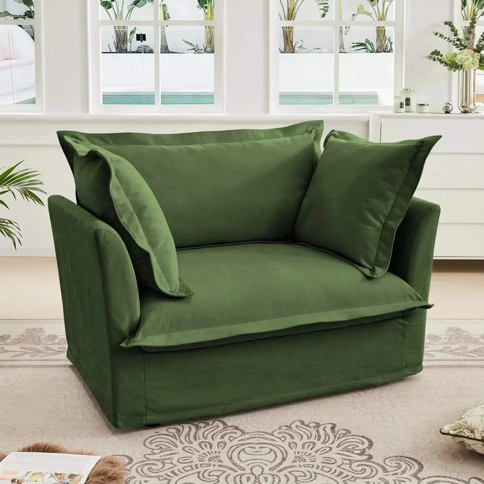 Slip-covered Armchair with 1 Big Back Cushion and 2 Big Toss Pillows, Single Deep Seat Comfy Single Couch Sofa Multiple Large Soft Pillows, Chenille Fabric Green -DTYStore