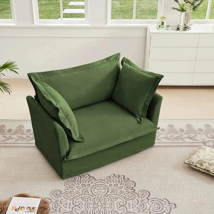 Slip-covered Armchair with 1 Big Back Cushion and 2 Big Toss Pillows, Single Deep Seat Comfy Single Couch Sofa Multiple Large Soft Pillows, Chenille Fabric Green -DTYStore