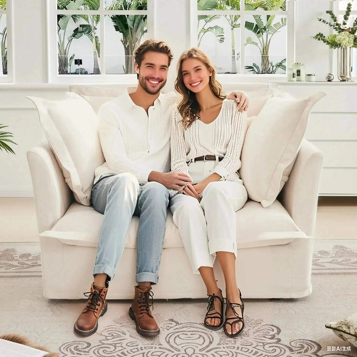 Slip-covered Armchair with 1 Big Back Cushion and 2 Big Toss Pillows, Single Deep Seat Comfy Single Couch Sofa Multiple Large Soft Pillows, Chenille Fabric Cream -DTYStore