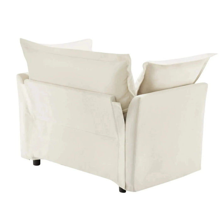 Slip-covered Armchair with 1 Big Back Cushion and 2 Big Toss Pillows, Single Deep Seat Comfy Single Couch Sofa Multiple Large Soft Pillows, Chenille Fabric Cream -DTYStore