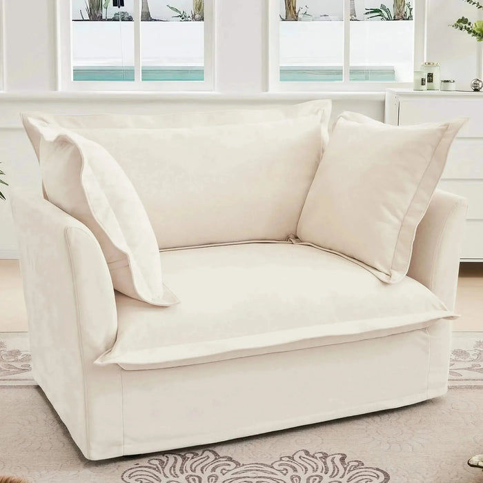 Slip-covered Armchair with 1 Big Back Cushion and 2 Big Toss Pillows, Single Deep Seat Comfy Single Couch Sofa Multiple Large Soft Pillows, Chenille Fabric Cream -DTYStore