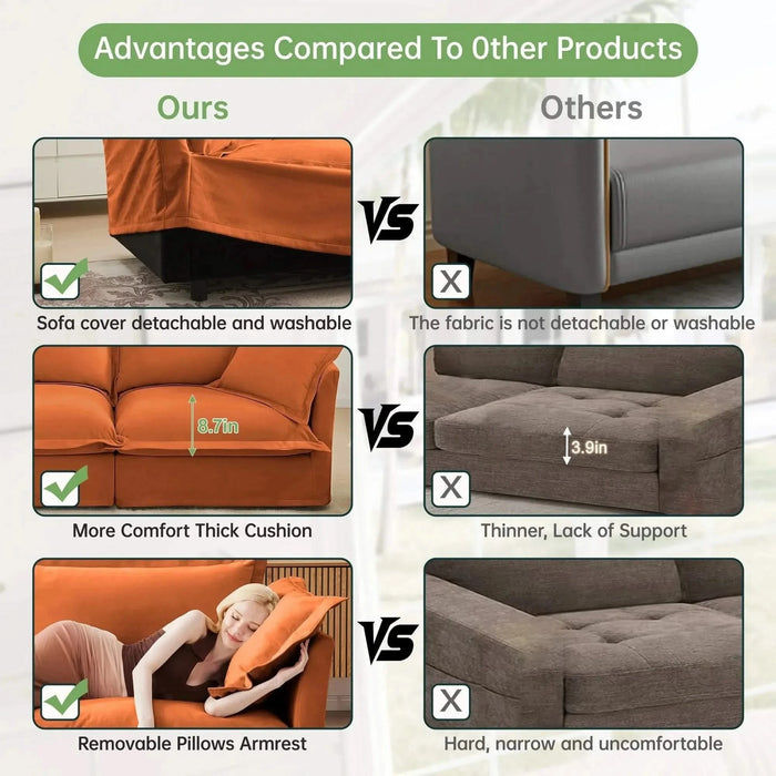 Slip-covered Armchair with 1 Big Back Cushion and 2 Big Toss Pillows, Single Deep Seat Comfy Single Couch Sofa Multiple Large Soft Pillows, Chenille Fabric Orange -DTYStore