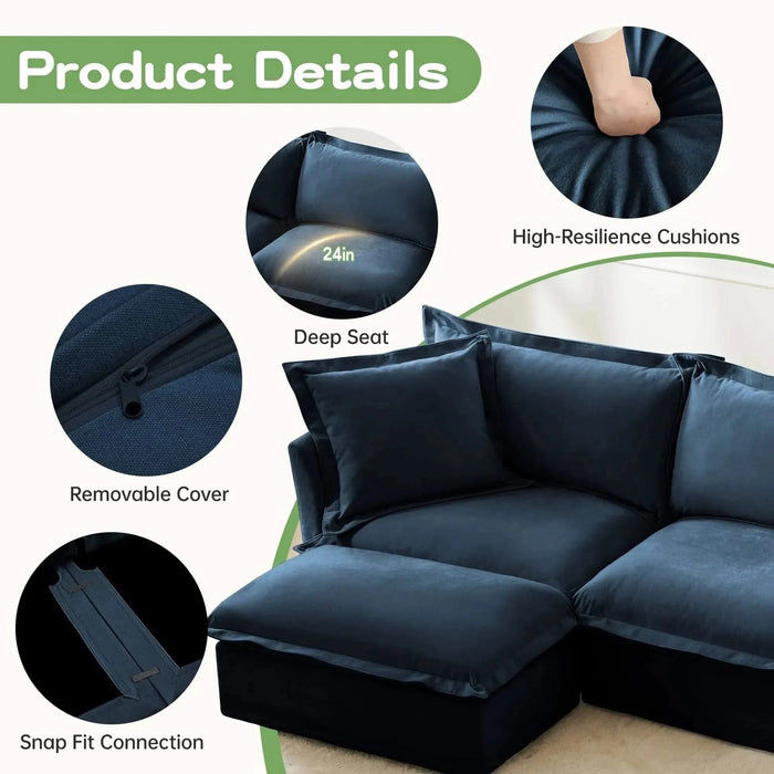 Slip-covered Armchair with 1 Big Back Cushion and 2 Big Toss Pillows, Single Deep Seat Comfy Single Couch Sofa Multiple Large Soft Pillows, Chenille Fabric Blue -DTYStore