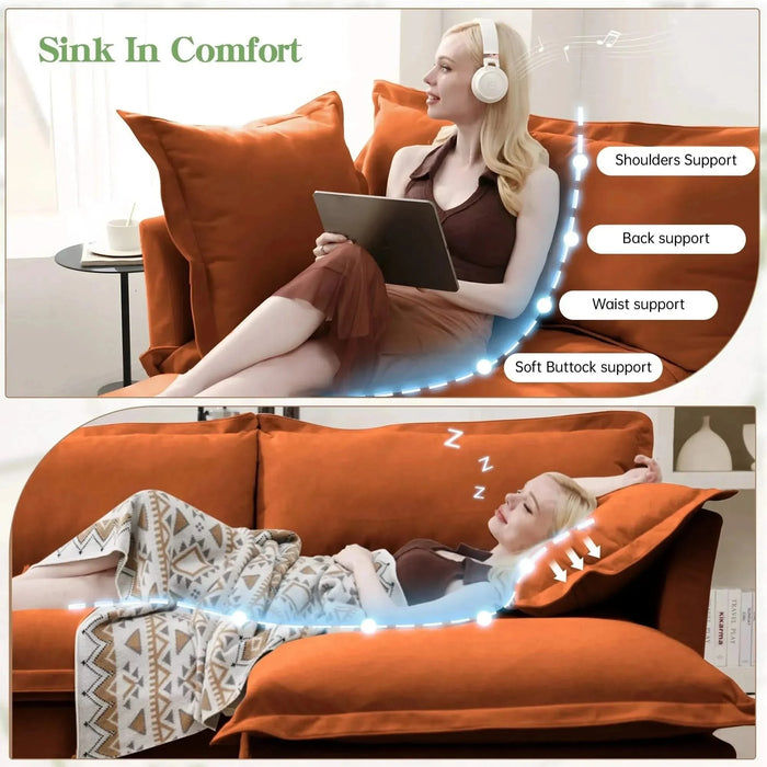 Slip-covered Armchair with 1 Big Back Cushion and 2 Big Toss Pillows, Single Deep Seat Comfy Single Couch Sofa Multiple Large Soft Pillows, Chenille Fabric Orange -DTYStore