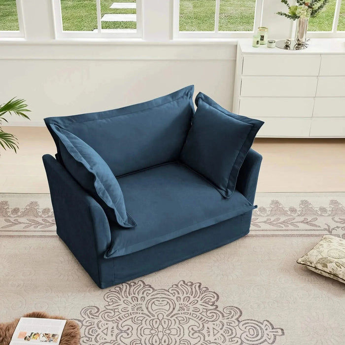 Slip-covered Armchair with 1 Big Back Cushion and 2 Big Toss Pillows, Single Deep Seat Comfy Single Couch Sofa Multiple Large Soft Pillows, Chenille Fabric Blue -DTYStore