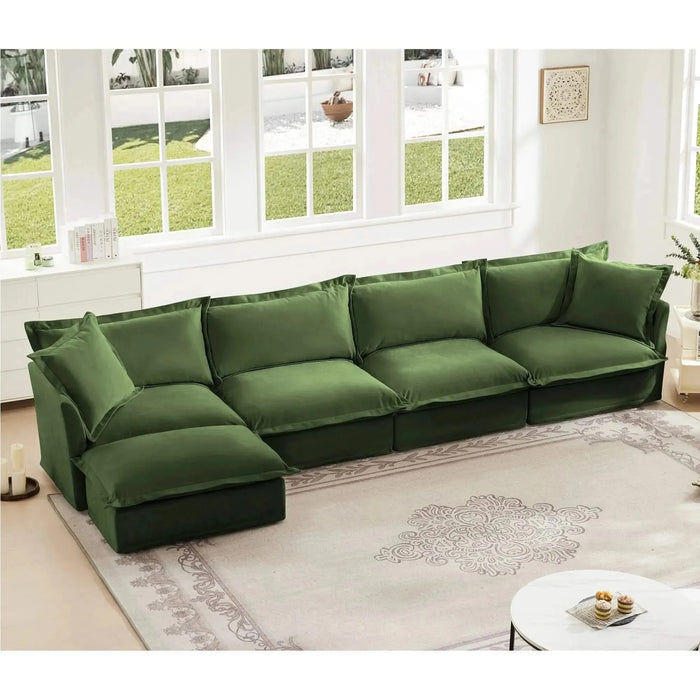 Slipcovered L Shape Sectional Long Sofa Couch, 4 Seater Sofa with Suppleness Armrests, Chenille Deep Seat Sofa with 2 Big Pillows, Comfy Couch for Living Room, Apartment, Chenille Fabric Green -DTYStore