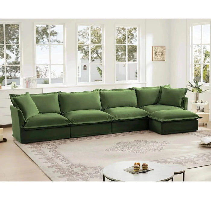 Slipcovered L Shape Sectional Long Sofa Couch, 4 Seater Sofa with Suppleness Armrests, Chenille Deep Seat Sofa with 2 Big Pillows, Comfy Couch for Living Room, Apartment, Chenille Fabric Green -DTYStore