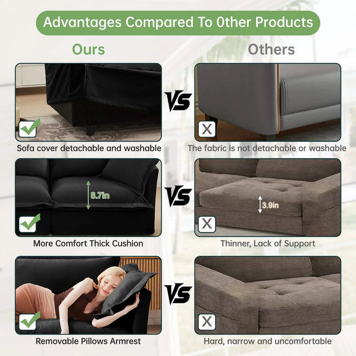 Slipcovered L Shape Sectional Long Sofa Couch, 4 Seater Sofa with Suppleness Armrests, Chenille Deep Seat Sofa with 2 Big Pillows, Comfy Couch for Living Room, Apartment, Chenille Fabric, Black Default -DTYStore