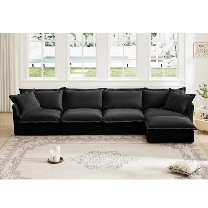 Slipcovered L Shape Sectional Long Sofa Couch, 4 Seater Sofa with Suppleness Armrests, Chenille Deep Seat Sofa with 2 Big Pillows, Comfy Couch for Living Room, Apartment, Chenille Fabric, Black Default -DTYStore