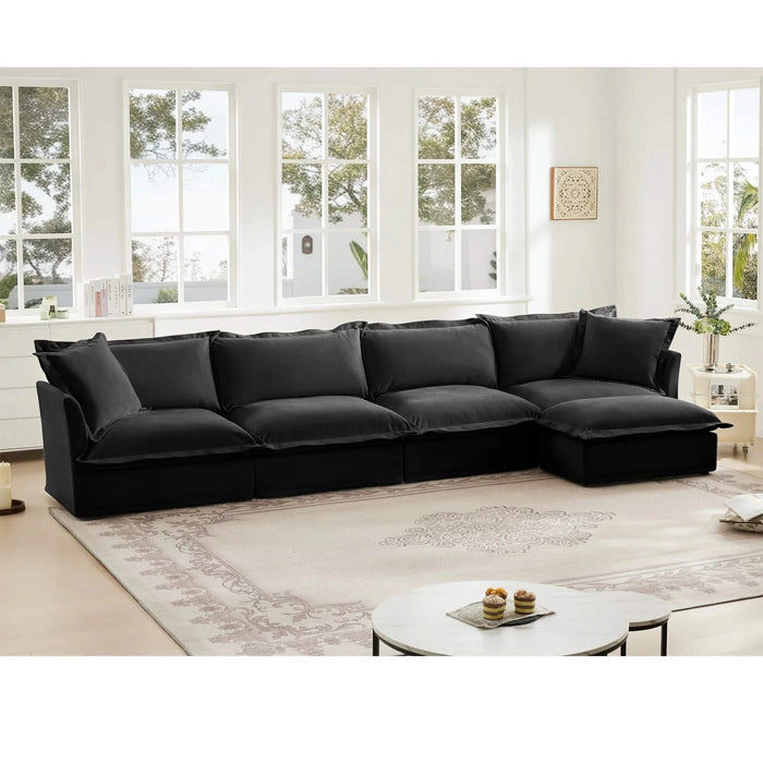 Slipcovered L Shape Sectional Long Sofa Couch, 4 Seater Sofa with Suppleness Armrests, Chenille Deep Seat Sofa with 2 Big Pillows, Comfy Couch for Living Room, Apartment, Chenille Fabric, Black Default -DTYStore