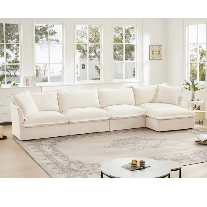 Slipcovered L Shape Sectional Long Sofa Couch, 4 Seater Sofa with Suppleness Armrests, Chenille Deep Seat Sofa with 2 Big Pillows, Comfy Couch for Living Room, Apartment, Chenille Fabric, Cream Default -DTYStore