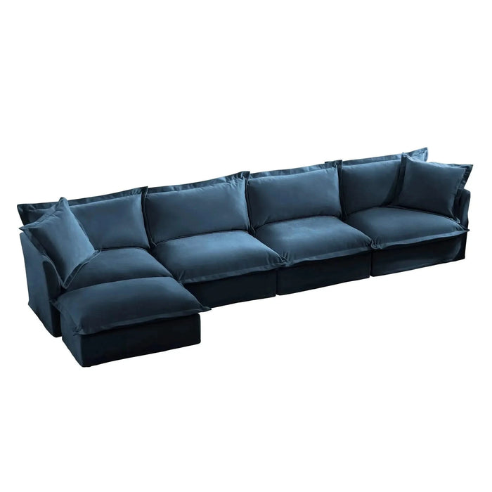 Slipcovered L Shape Sectional Long Sofa Couch, 4 Seater Sofa with Suppleness Armrests, Chenille Deep Seat Sofa with 2 Big Pillows, Comfy Couch for Living Room, Apartment, Chenille Fabric Blue -DTYStore