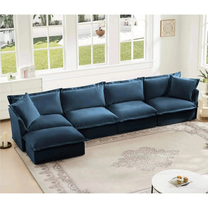 Slipcovered L Shape Sectional Long Sofa Couch, 4 Seater Sofa with Suppleness Armrests, Chenille Deep Seat Sofa with 2 Big Pillows, Comfy Couch for Living Room, Apartment, Chenille Fabric Blue -DTYStore