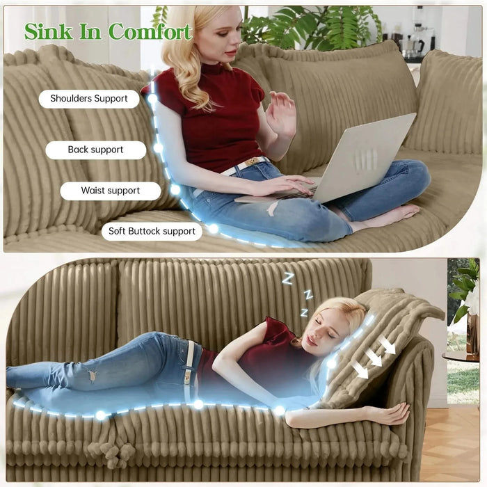 Slipcovered Long Sofa with Removable Cover, Extra Deep Cloud Like Comfy Sofa Couch Camel Corduroy -DTYStore