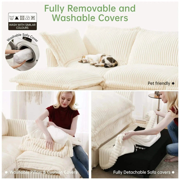 Slipcovered Sofa Couch, Modern 3 Seater Sofa with Suppleness Armrests,Deep Seat Sofa with Soft Multiple Big Pillows, Comfy Couch for Living Room, Apartment Cream -DTYStore