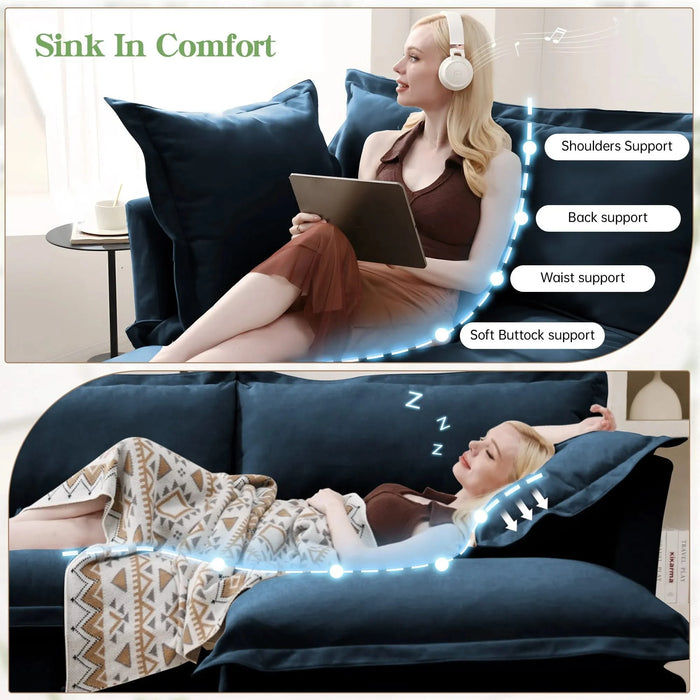 Slipcovered Sofa Couch, Modern 3 Seater Sofa with Suppleness Armrests, Chenille Fleece Deep Seat Sofa with Soft Multiple Big Pillows, Comfy Couch for Living Room, Apartment,Chenille Fabric Blue -DTYStore