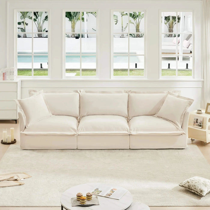 Slipcovered Sofa Couch, Modern 3 Seater Sofa with Suppleness Armrests, Chenille Fleece Deep Seat Sofa with Soft Multiple Big Pillows, Comfy Couch for Living Room, Apartment,Chenille Fabric Cream -DTYStore