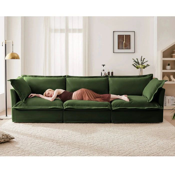 Slipcovered Sofa Couch, Modern 3 Seater Sofa with Suppleness Armrests, Chenille Fleece Deep Seat Sofa with Soft Multiple Big Pillows, Comfy Couch for Living Room, Apartment,Chenille Fabric Green -DTYStore