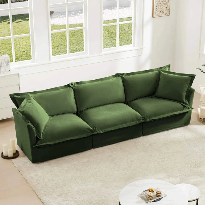 Slipcovered Sofa Couch, Modern 3 Seater Sofa with Suppleness Armrests, Chenille Fleece Deep Seat Sofa with Soft Multiple Big Pillows, Comfy Couch for Living Room, Apartment,Chenille Fabric Green -DTYStore