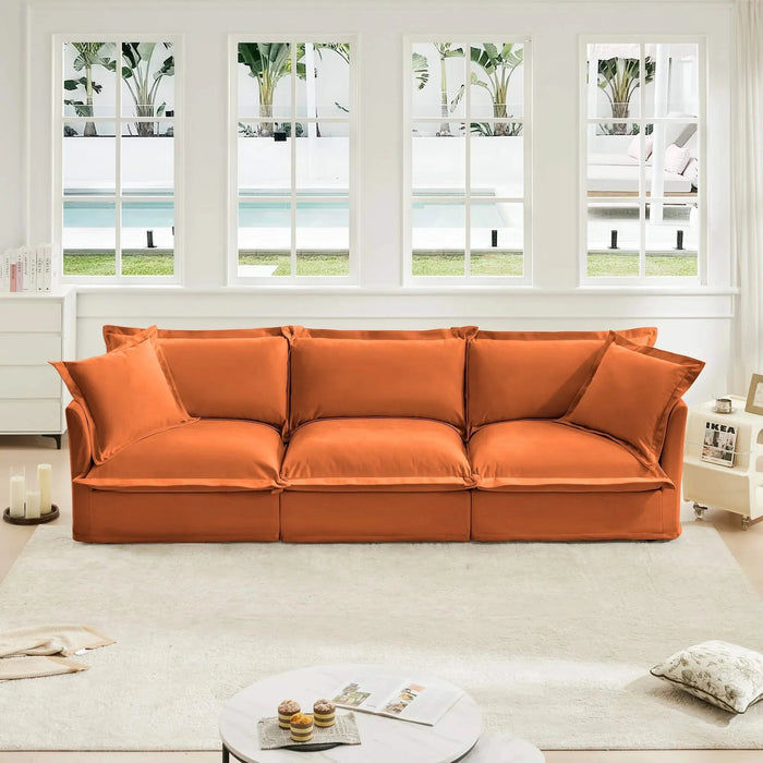Slipcovered Sofa Couch, Modern 3 Seater Sofa with Suppleness Armrests, Chenille Fleece Deep Seat Sofa with Soft Multiple Big Pillows, Comfy Couch for Living Room, Apartment,Chenille Fabric Orange -DTYStore