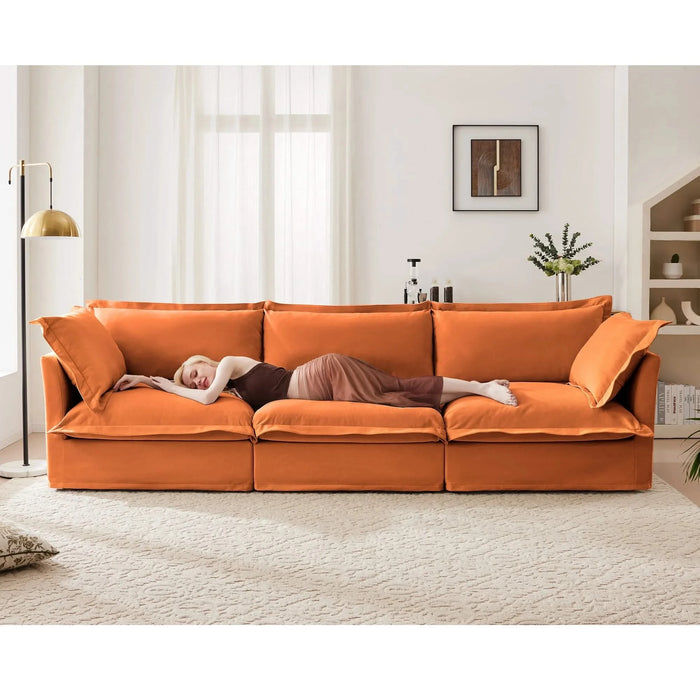 Slipcovered Sofa Couch, Modern 3 Seater Sofa with Suppleness Armrests, Chenille Fleece Deep Seat Sofa with Soft Multiple Big Pillows, Comfy Couch for Living Room, Apartment,Chenille Fabric Orange -DTYStore