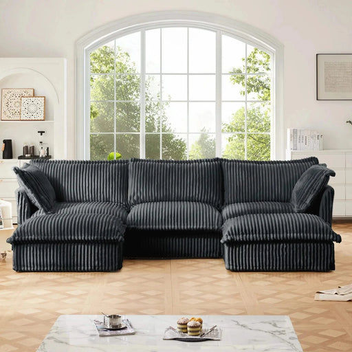 Slipcovered U-Shape Deep Seat Modular Sectional Sofa Couch with French Edge Design Gray Corduroy -DTYStore