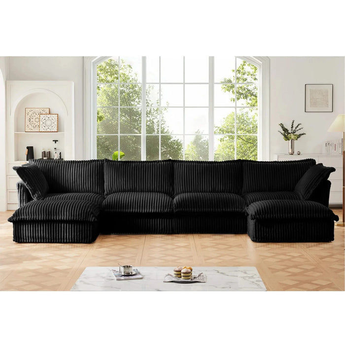 Slipcovered U Shape Sectional Wide and Deep Seat Sofa Couch, 4 Seater Sofa with French Edges Design Multiple Big Pillows Black -DTYStore
