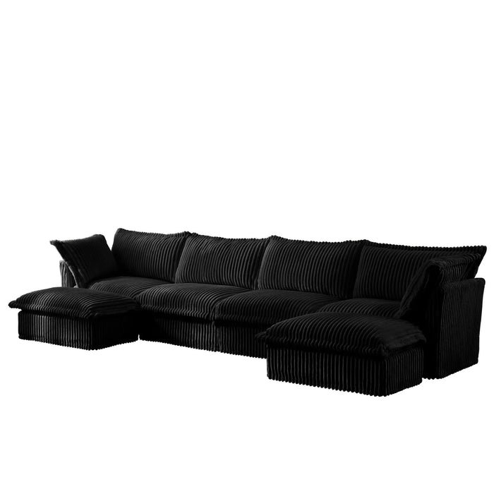 Slipcovered U Shape Sectional Wide and Deep Seat Sofa Couch, 4 Seater Sofa with French Edges Design Multiple Big Pillows Black -DTYStore