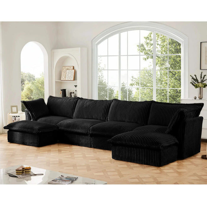 Slipcovered U Shape Sectional Wide and Deep Seat Sofa Couch, 4 Seater Sofa with French Edges Design Multiple Big Pillows Black -DTYStore