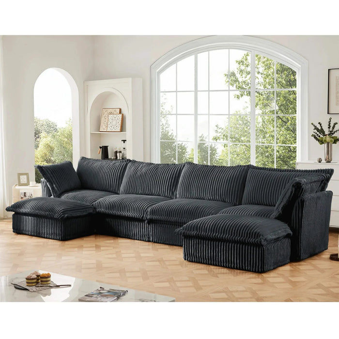 Slipcovered U Shape Sectional Wide and Deep Seat Sofa Couch, 4 Seater Sofa with French Edges Design Multiple Big Pillows Gray -DTYStore
