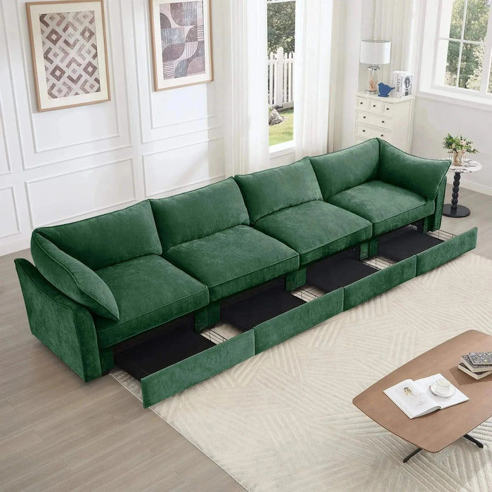 Super Large Wide and Deep Seat Sofa Couch for 4 Persons, 4 Seater Sofa with Storage Pull out Drawer Under Each Seat, Chenille Green -DTYStore