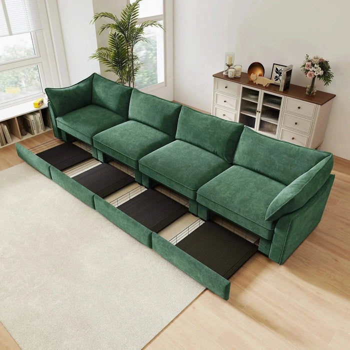 Super Large Wide and Deep Seat Sofa Couch for 4 Persons, 4 Seater Sofa with Storage Pull out Drawer Under Each Seat, Chenille Green -DTYStore