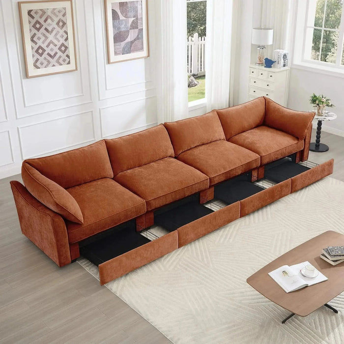 Super Large Wide and Deep Seat Sofa Couch for 4 Persons, 4 Seater Sofa with Storage Pull out Drawer Under Each Seat, Chenille Orange -DTYStore