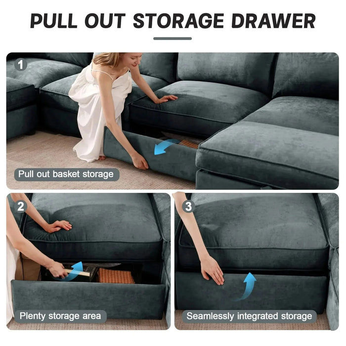 Super Large Wide and Deep Seat Sofa Couch for 4 Persons, 4 Seater Sofa with Storage Pull out Drawer Under Each Seat, Chenille Gray -DTYStore
