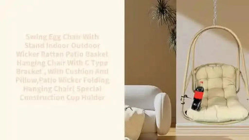 Swing Egg Chair with Stand Indoor Outdoor Wicker Rattan Patio Basket Hanging Chair with C Type bracket , with cushion and pillow,Patio Wicker folding Hanging Chair( Special construction cup holder Default -DTYStore