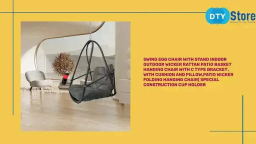 Swing Egg Chair with Stand Indoor Outdoor Wicker Rattan Patio Basket Hanging Chair with C Type bracket , with cushion and pillow,Patio Wicker folding Hanging Chair( Special construction cup holder Default -DTYStore