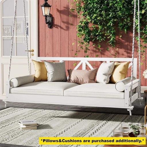 TOPMAX Acacia Wood Twin Size Patio Swing Bed Modern Porch Swing Hanging Bed Frame with 16.4ft Hemp Ropes for Garden,Backyard,White Default -DTYStore