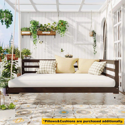 TOPMAX Country Patio Wooden Twin Size Swing Daybed Porch Swing Frame with 4pcs 96-inch Hemp Ropes for Backyard, Garden, Brown Default -DTYStore
