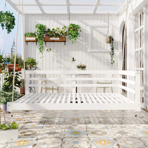 TOPMAX Country Patio Wooden Twin Size Swing Daybed Porch Swing Frame with 4pcs 96-inch Hemp Ropes for Backyard, Garden, White Default -DTYStore