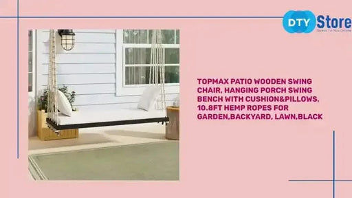 TOPMAX Patio Wooden Swing Chair, Hanging Porch Swing Bench with Cushion&Pillows, 10.8Ft Hemp Ropes for Garden,Backyard, Lawn,Black Default -DTYStore