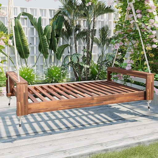 TOPMAX Twin Size Porch Swing Bed Seating Group, Patio Acacia Wood Swing Frame with Hemp Ropes for Garden, Backyard, Natural Default -DTYStore