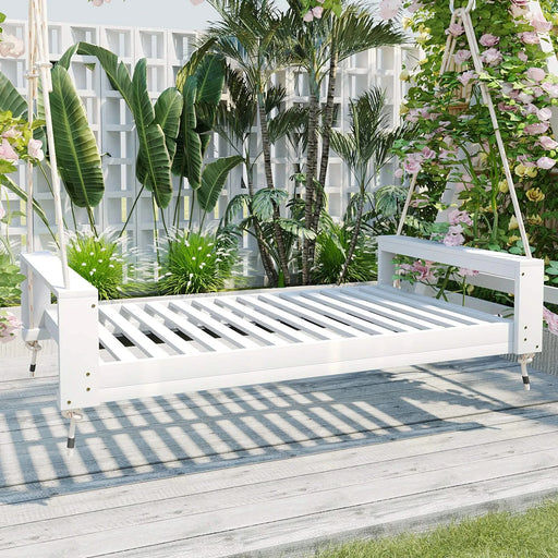 TOPMAX Twin Size Porch Swing Bed Seating Group, Patio Acacia Wood Swing Frame with Hemp Ropes for Garden, Backyard, White Default -DTYStore